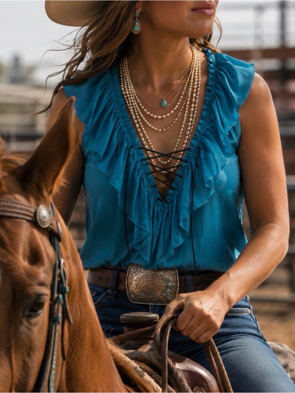 Festival Boho Western Cowgirl Faux Suede Teal Ruffle Lace-Up Women’s Top